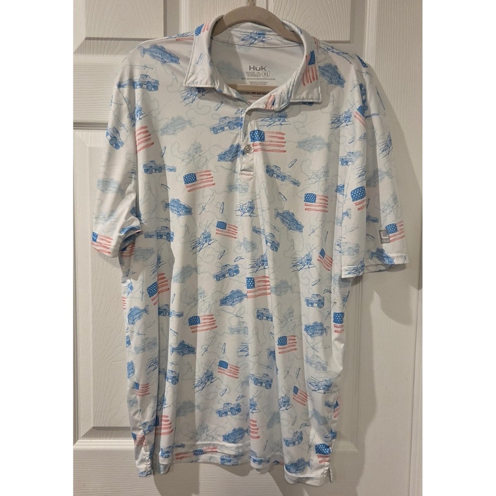 Huk Mens XL Performance Polo American Flag Fish Fishing Boat Print Shirt